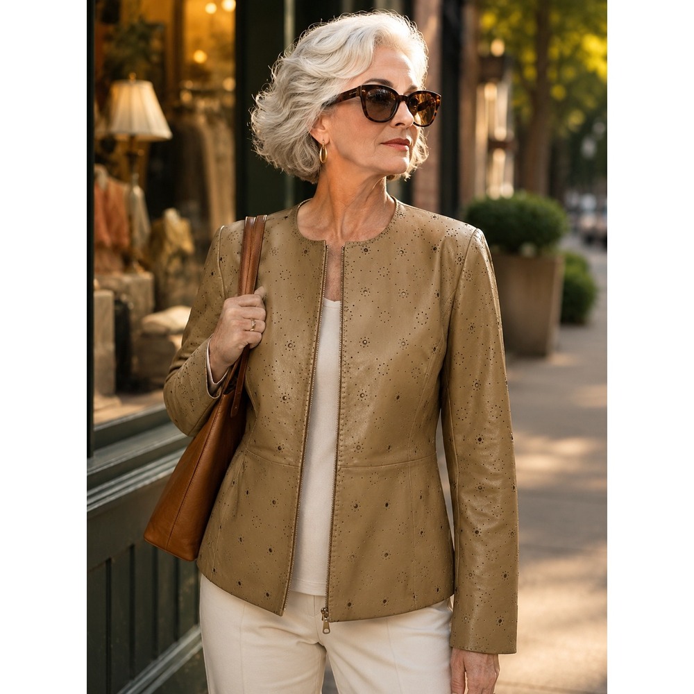 Pamela McCoy Perforated Leather Jacket Large Taupe Genuine Leather